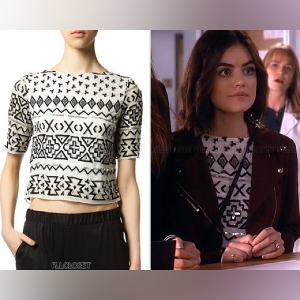 Alice + Olivia Tribal Print Sequin Top aso Aria Montgomery Pretty Little Liars